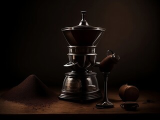 Obraz na płótnie Canvas A dark background with an old-fashioned manual coffee grinder in the center,, next to it a pile of unground roasted coffee