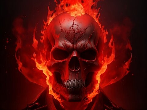 A background of blazing flames of dark, bloody red color, with a frightening bloody red skull in the middle
