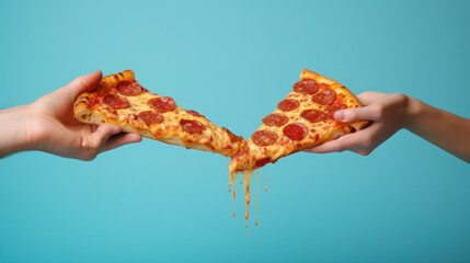 Two hands holding pepperoni pizza slice, melting cheese, blue background
