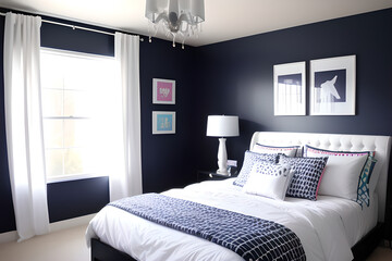 Preppy bedroom with lamp, photo mockup and cabinet