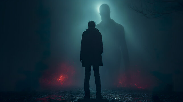 A man remains resolute and self-assured confronting a shadowy figure who symbolizes his fears. Silhouette emerges in illustration of inner fear in the dark.