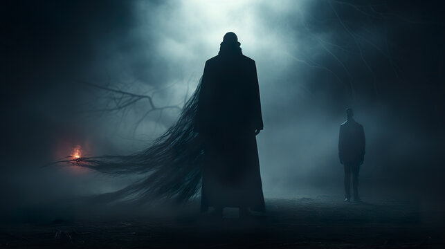 A man remains resolute and self-assured confronting a shadowy figure who symbolizes his fears. Silhouette emerges in illustration of inner fear in the dark.