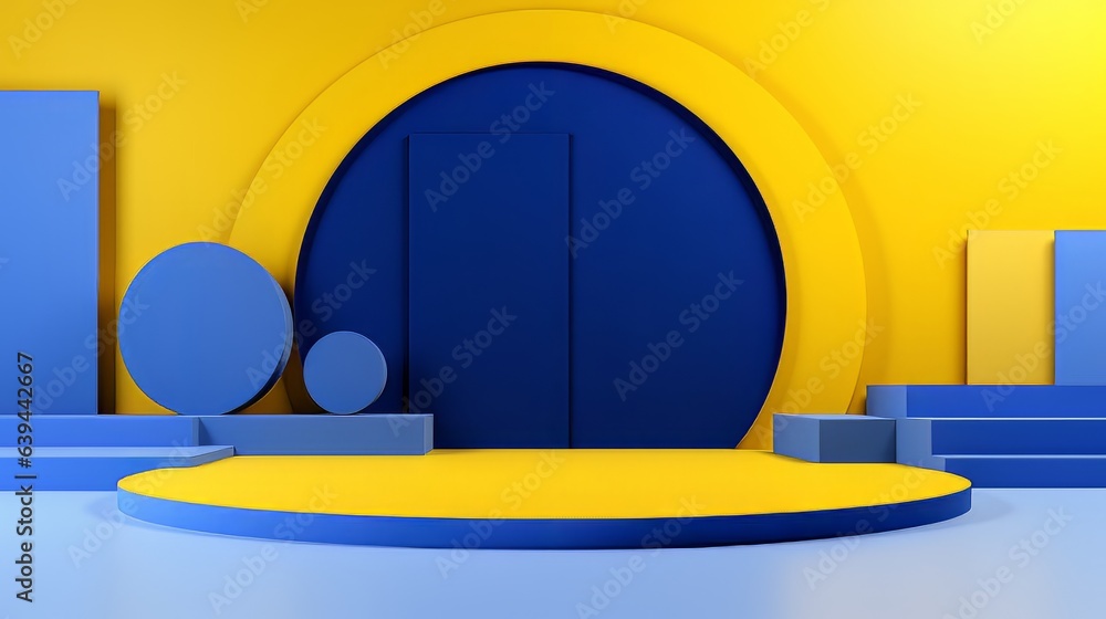 Poster abstract minimalistic blue and yellow scene with geometric shapes. visualization ai