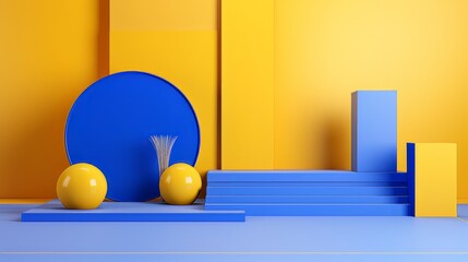 Abstract minimalistic blue and yellow scene with geometric shapes. visualization AI