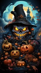 Halloween background with pumpkins and witch hat.