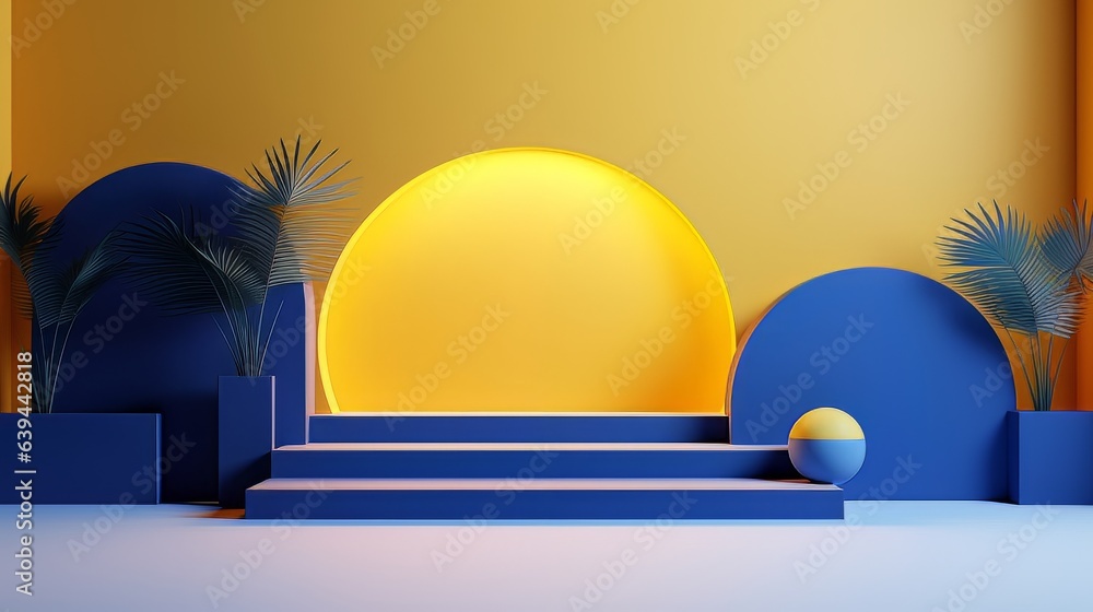 Poster abstract minimalistic blue and yellow scene with geometric shapes. visualization ai