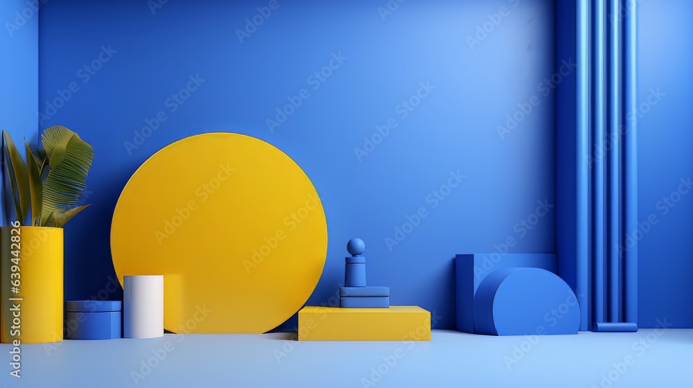 Poster abstract minimalistic blue and yellow scene with geometric shapes. visualization ai