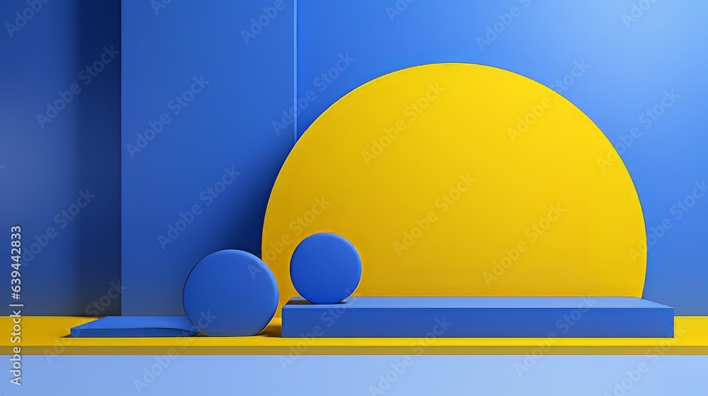 Poster abstract minimalistic blue and yellow scene with geometric shapes. visualization ai