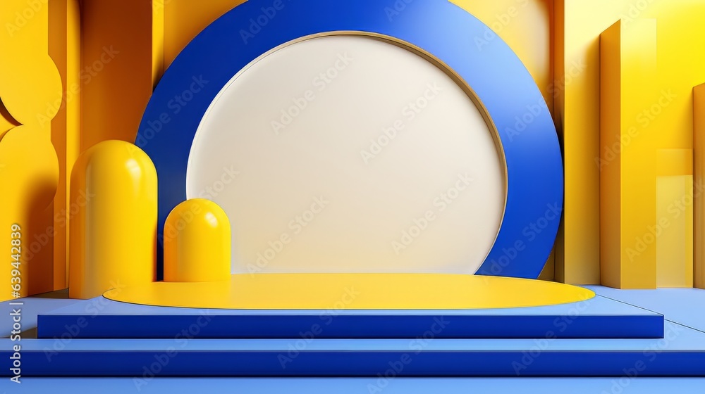 Poster abstract minimalistic blue and yellow scene with geometric shapes. visualization ai