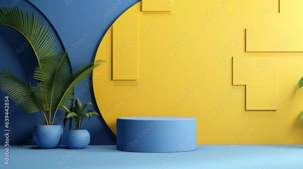 Poster abstract minimalistic blue and yellow scene with geometric shapes. visualization ai