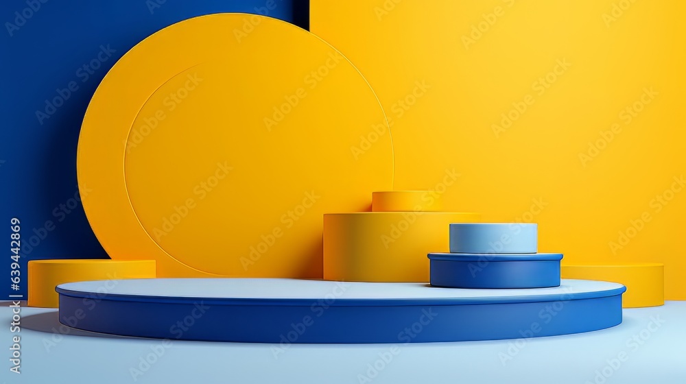 Poster abstract minimalistic blue and yellow scene with geometric shapes. visualization ai