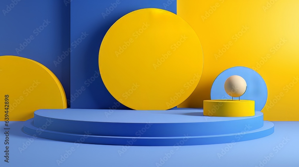 Poster abstract minimalistic blue and yellow scene with geometric shapes. visualization ai