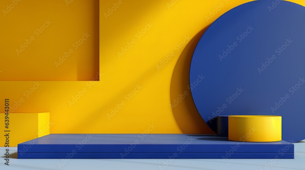 Poster abstract minimalistic blue and yellow scene with geometric shapes. visualization ai
