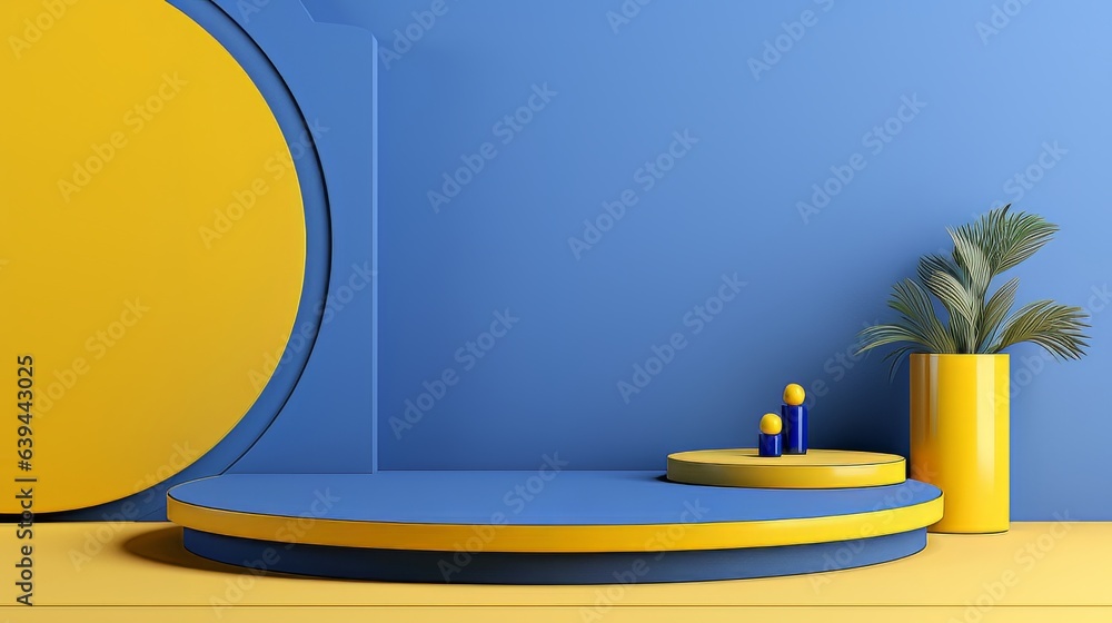 Poster abstract minimalistic blue and yellow scene with geometric shapes. visualization ai