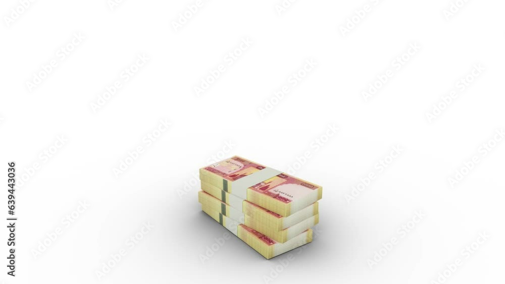 Poster 3d animation of stacks of afghan afghani notes falling on blue screen floor. you can key out or remo