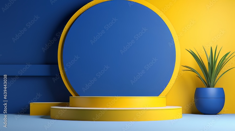 Poster abstract minimalistic blue and yellow scene with geometric shapes. visualization ai