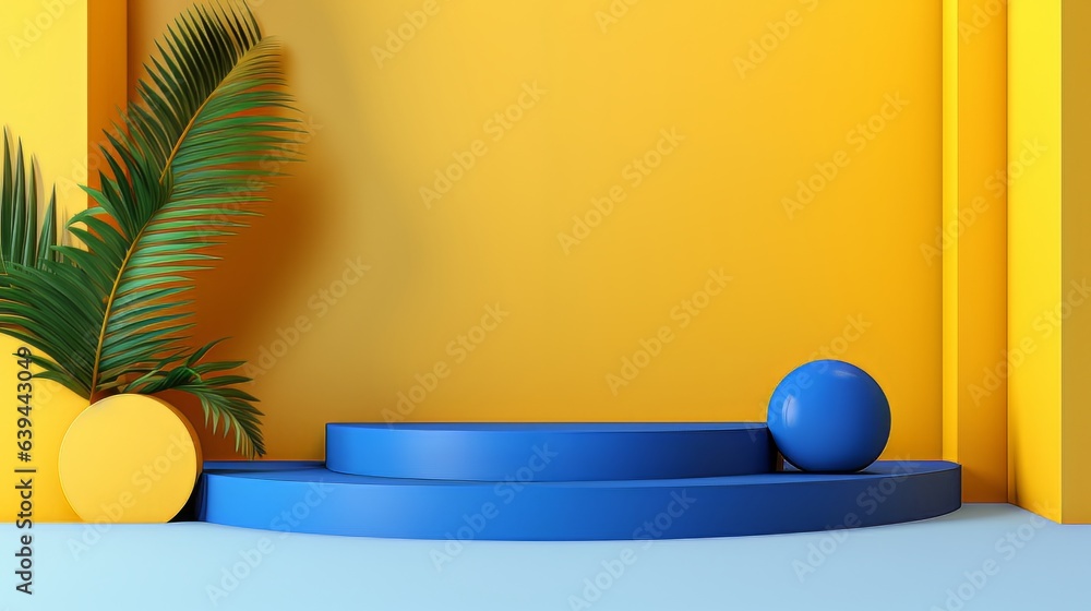 Poster abstract minimalistic blue and yellow scene with geometric shapes. visualization ai