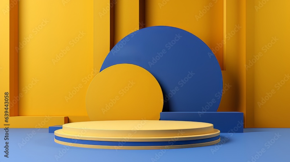 Poster abstract minimalistic blue and yellow scene with geometric shapes. visualization ai