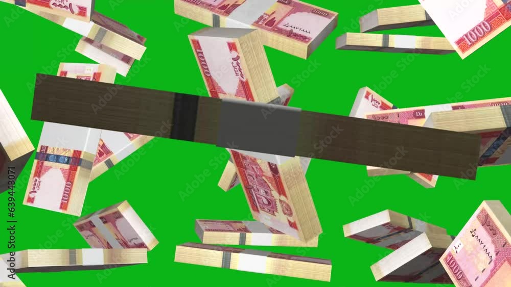 Aufkleber 3d animation of stacks of afghan afghani notes falling in front of green screen background