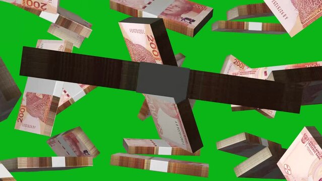 3D animation of stacks of 2023 South African rand notes falling in front of green screen background
