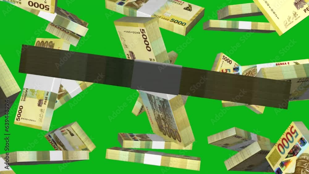 Aufkleber 3d animation of stacks of albanian lek notes falling in front of green screen background