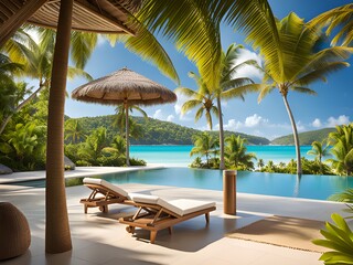 Fototapeta premium beautiful swimming pool with tropical island in the background. travel and vacation concept. 3d illustration.