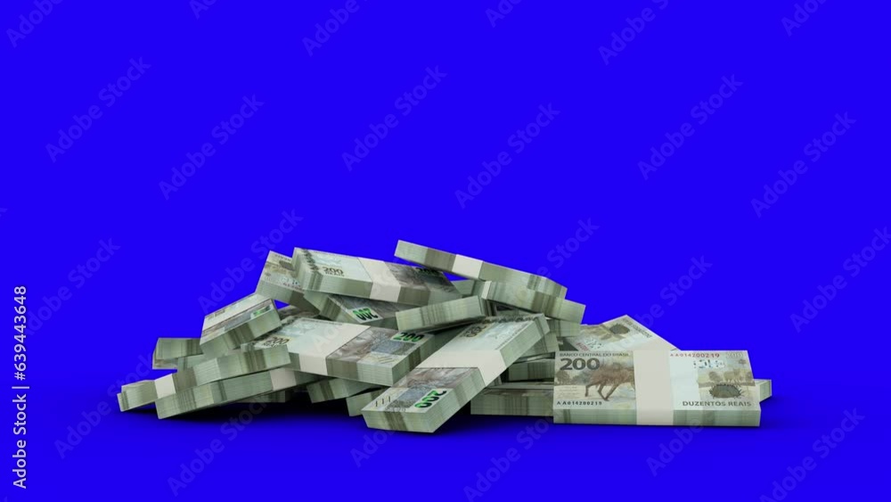 Poster 3d animation of stacks of 200 brazilian real notes falling on blue screen floor. you can key out or 
