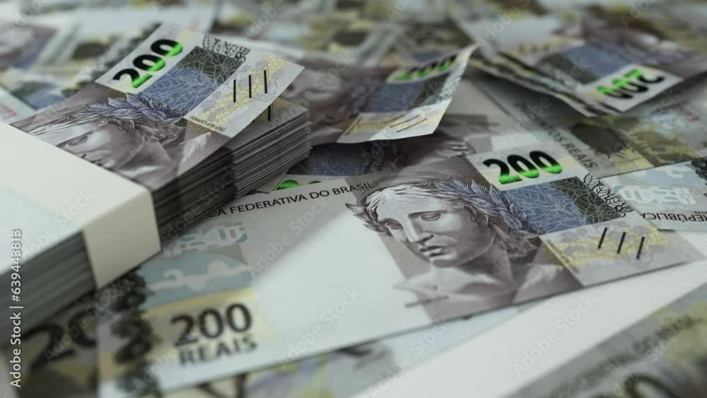 Poster 3d animation of camera panning around spread brazilian real notes. camera moving around scattered re