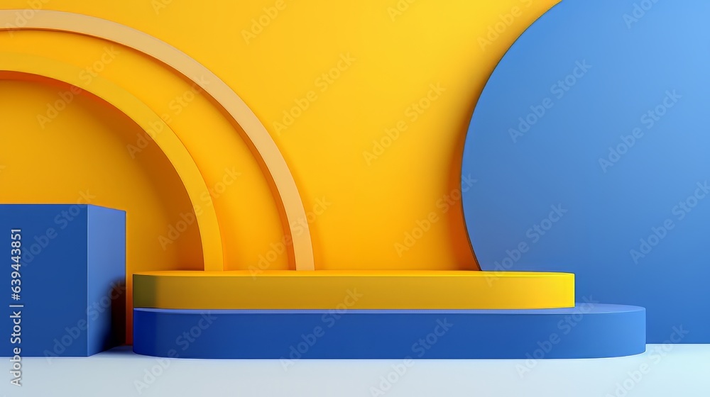 Poster abstract minimalistic blue and yellow scene with geometric shapes. visualization ai