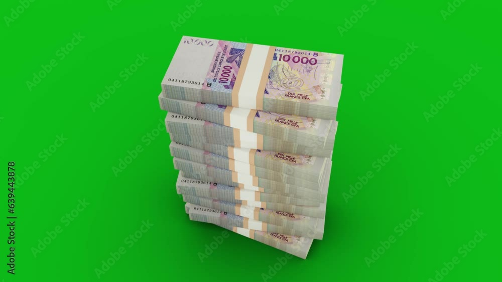 Poster 3d animation of stacks of 10000 west african cfa franc notes falling on green screen floor. you can 