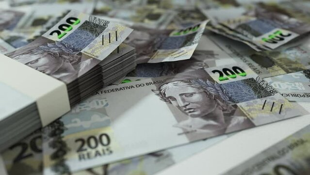 3D animation of Camera panning around spread Brazilian real notes. Camera moving around Scattered real notes on surface
