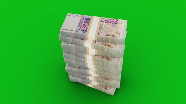 3d animation of stacks of 10000 West African cfa franc notes falling on green screen floor. You can Key out or remove background to replace with a custom one. 3d rendering
