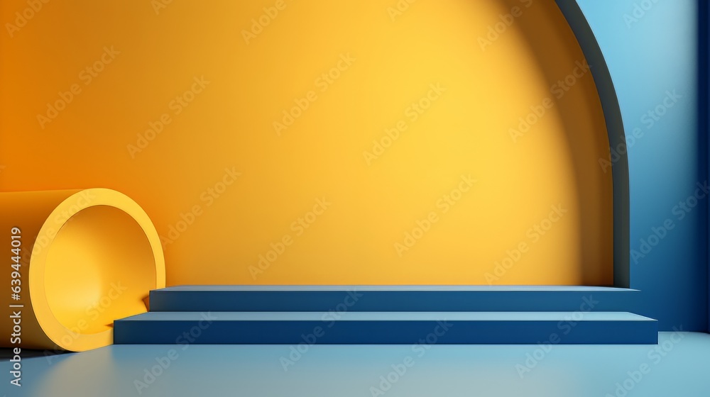 Poster abstract minimalistic blue and yellow scene with geometric shapes. visualization ai
