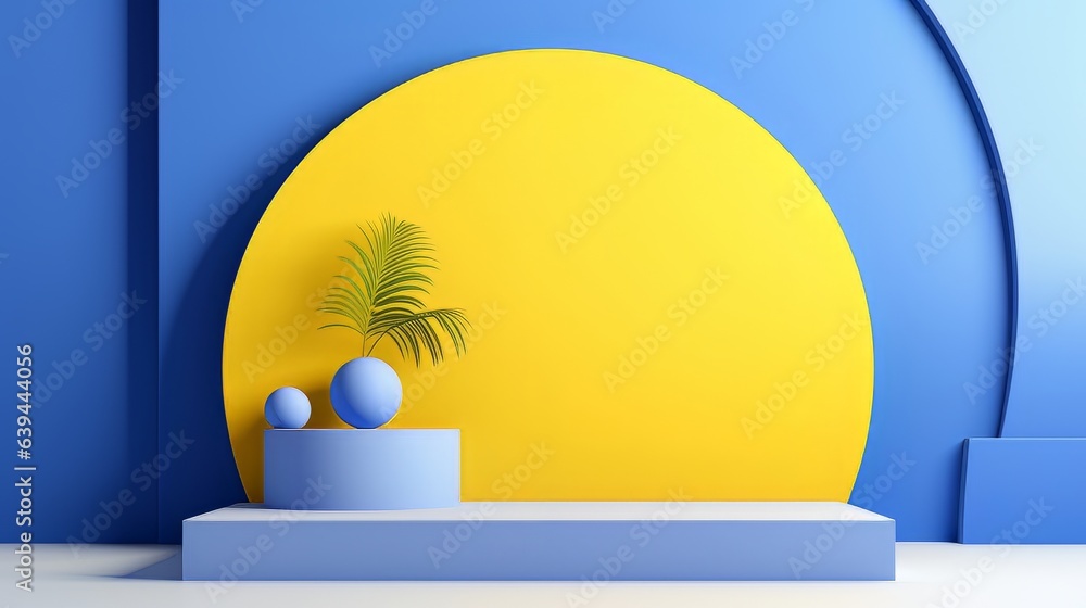 Poster abstract minimalistic blue and yellow scene with geometric shapes. visualization ai