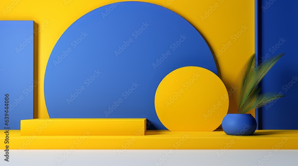 Poster abstract minimalistic blue and yellow scene with geometric shapes. visualization ai
