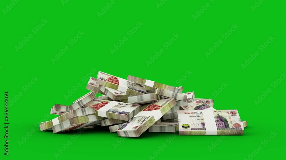 Poster 3d animation of stacks of 200 egyptian pound notes falling on greenscreen floor. you can key out or 