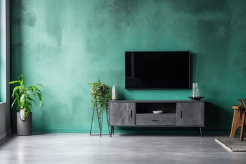 Modern living room background with tv, cabinet, and chair constructed of dark blue concrete. Generative AI