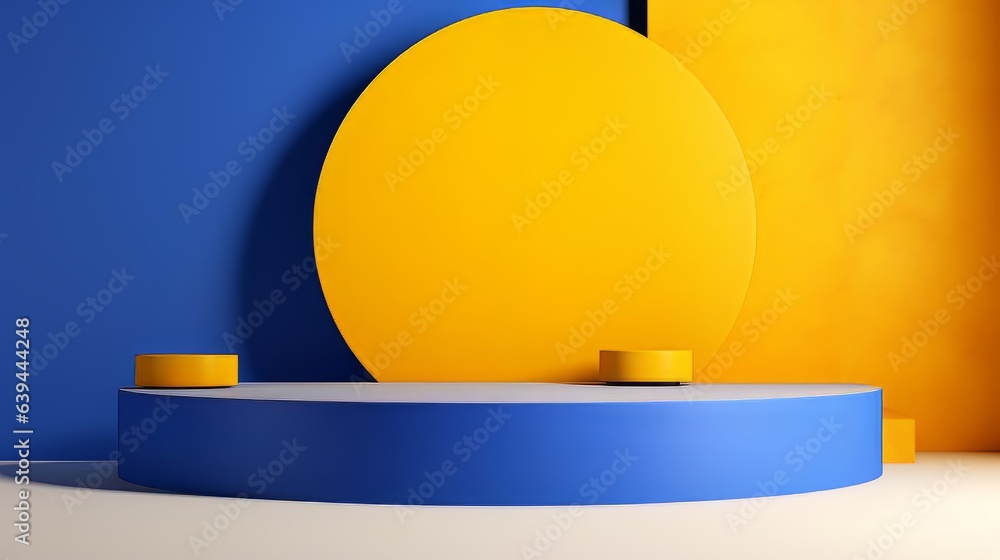 Poster abstract minimalistic blue and yellow scene with geometric shapes. visualization ai
