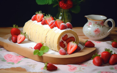 Strawberry and cream chiffon cake roll, on wooden board, vintage aesthetic