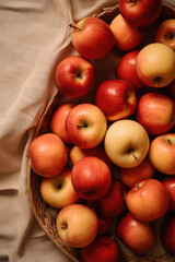 apples in a basket, natural brown linen cloth
