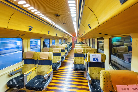 Yufuin, Japan - Nov 27 2022: Yufuin no Mori is a limited express train that runs from Hakata via Yufuin. It has 8 stops with Yufuin Station as its highlight being a famous onsen (hot springs).