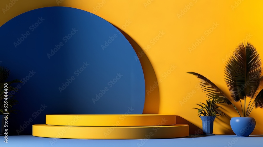 Poster abstract minimalistic blue and yellow scene with geometric shapes. visualization ai