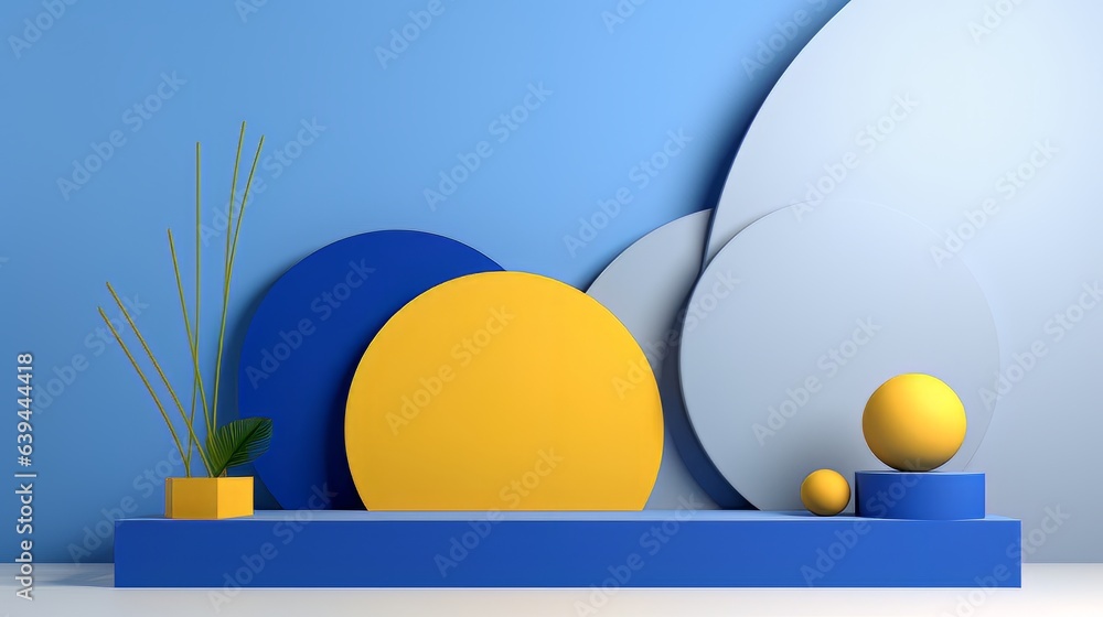 Poster abstract minimalistic blue and yellow scene with geometric shapes. visualization ai