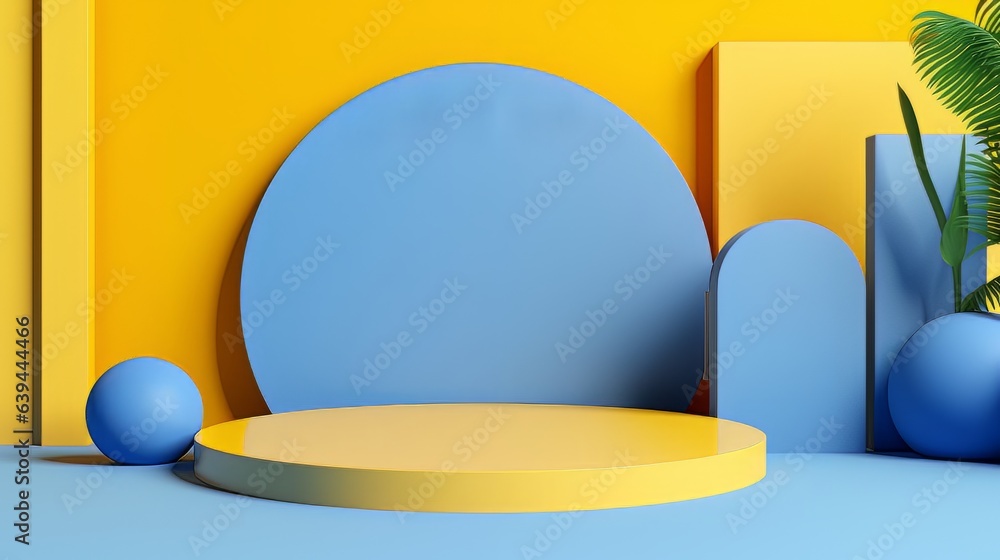 Poster abstract minimalistic blue and yellow scene with geometric shapes. visualization ai