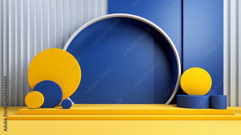 Poster abstract minimalistic blue and yellow scene with geometric shapes. visualization ai