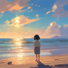 illustration of a child contemplating the sunset on the beach. Digital art of cute kid in the sand by the sea of ​​a beautiful tropical coastline. beautiful sunrise at sea.