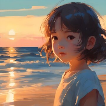 illustration of a child contemplating the sunset on the beach. Digital art of cute kid in the sand by the sea of ​​a beautiful tropical coastline. beautiful sunrise at sea.