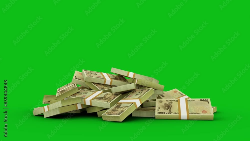 Poster 3d animation of stacks of 10000 japanese yen notes falling on green screen floor. you can key out or