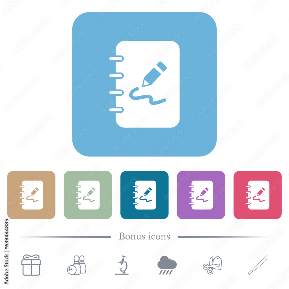 Poster spiral notepad with drawing solid flat icons on color rounded square backgrounds