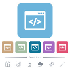 Programming code in software window flat icons on color rounded square backgrounds
